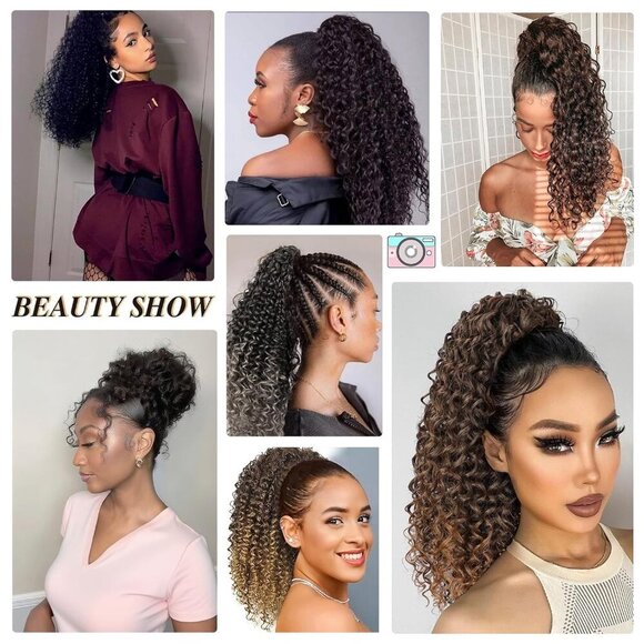 Curly Ponytail Extension Human Hair 16 Inch Afro Kinky Drawstring for Daily Wear main image 8